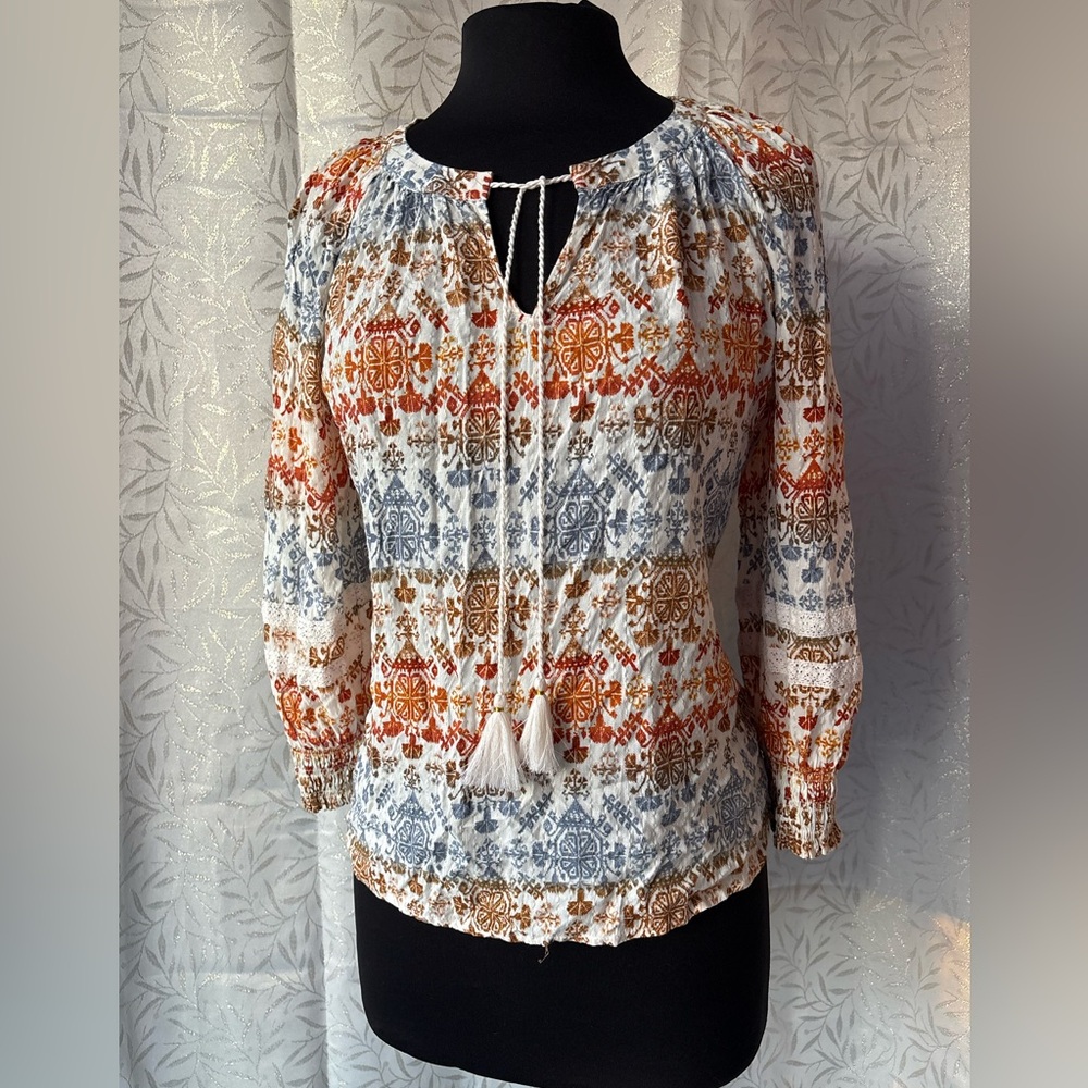 Jane and Delancey Patterned Blouse with Tassels